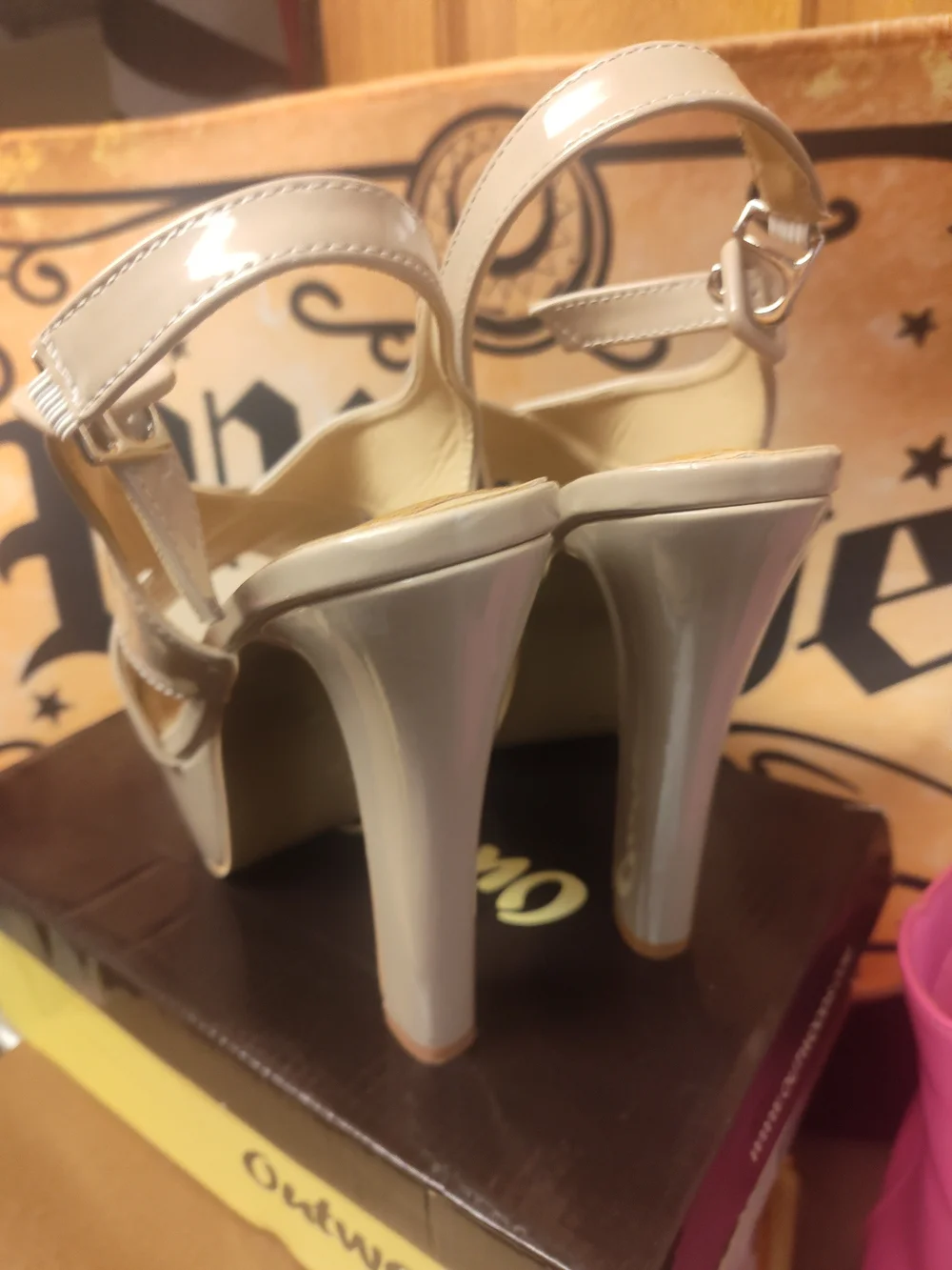 Beige Patent Platform Slingback Heels